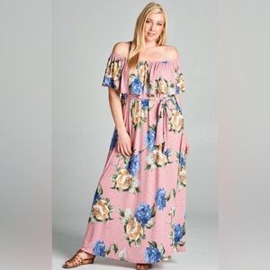 New!Plus Size Floral Off Shoulder Belted Maxi Dress Sizes 1X 2X 3X
